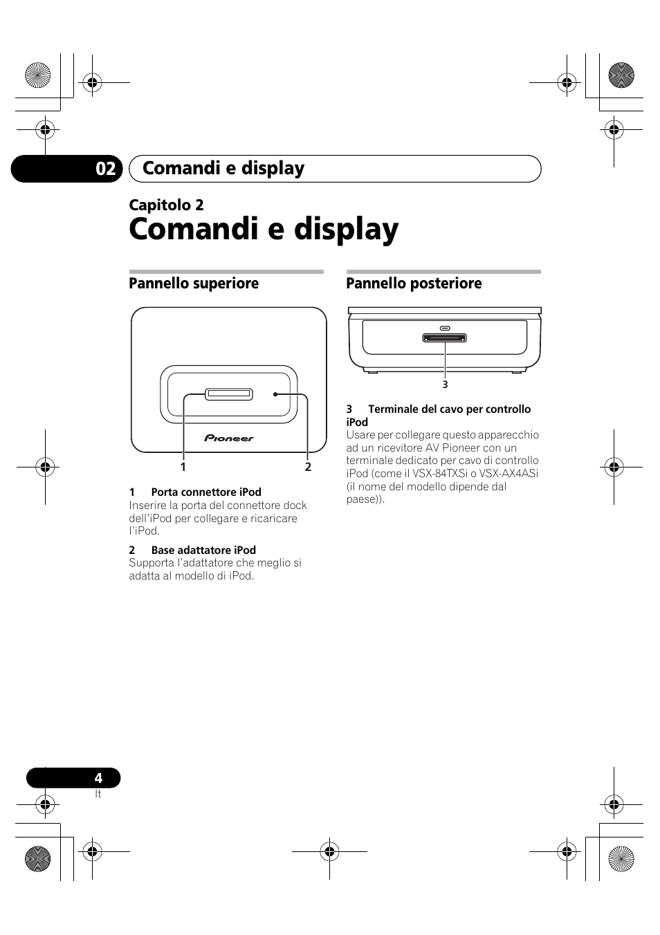 02 comandi e display, Pannello superiore, Pannello posteriore | Comandi e display | Pioneer IDK-80 User Manual | Page 22 / 45