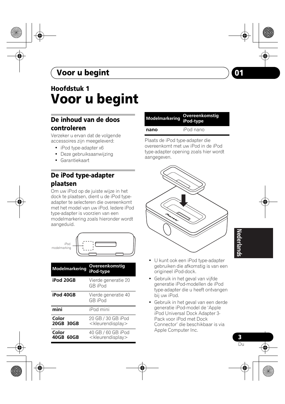 01 voor u begint, De inhoud van de doos controleren, De ipod type-adapter plaatsen | Voor u begint, Hoofdstuk 1 | Pioneer IDK-80 User Manual | Page 27 / 45