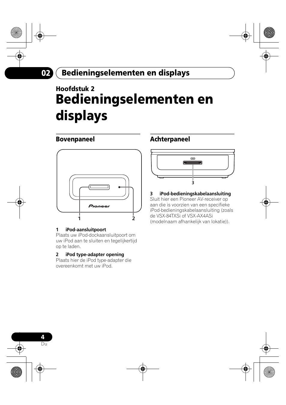 02 bedieningselementen en displays, Bovenpaneel, Achterpaneel | Bedieningselementen en displays | Pioneer IDK-80 User Manual | Page 28 / 45