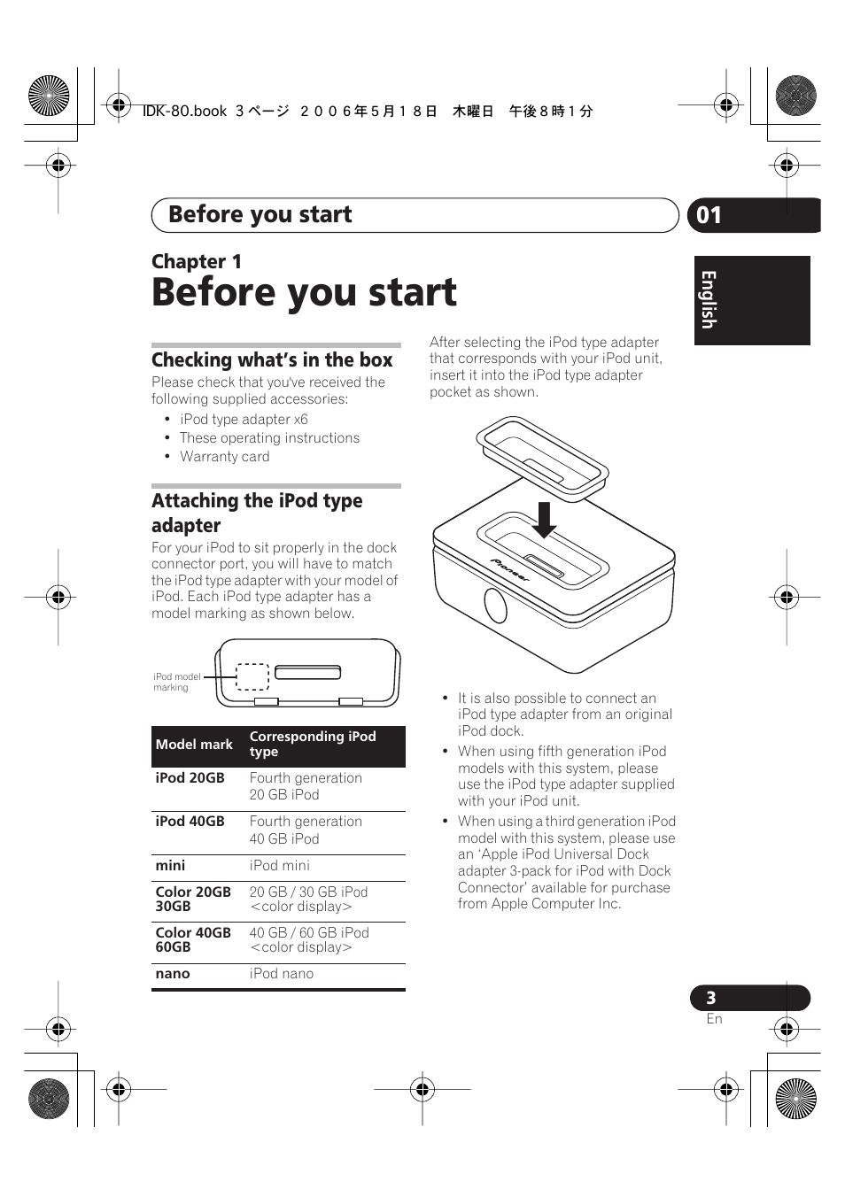 01 before you start, Checking what’s in the box, Attaching the ipod type adapter | Before you start, Chapter 1 | Pioneer IDK-80 User Manual | Page 3 / 45