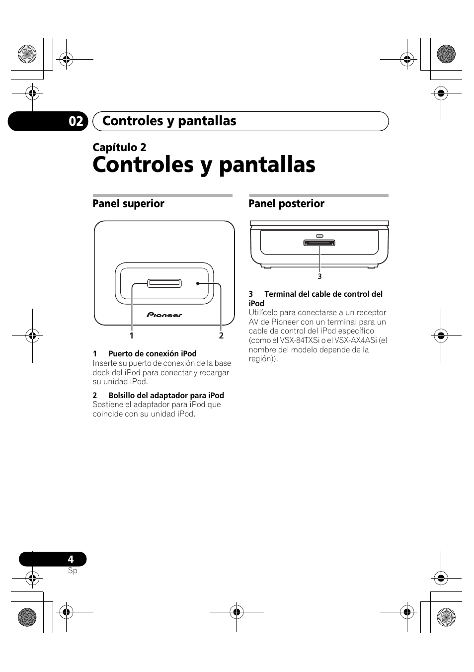 02 controles y pantallas, Panel superior, Panel posterior | Controles y pantallas | Pioneer IDK-80 User Manual | Page 34 / 45