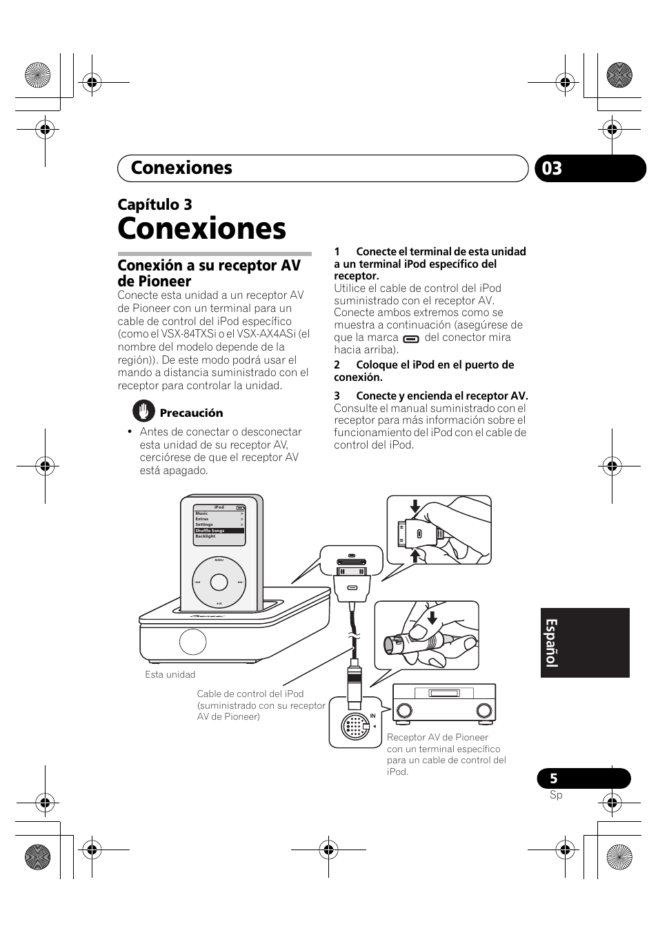 03 conexiones, Conexión a su receptor av de pioneer, Conexiones | Capítulo 3 | Pioneer IDK-80 User Manual | Page 35 / 45