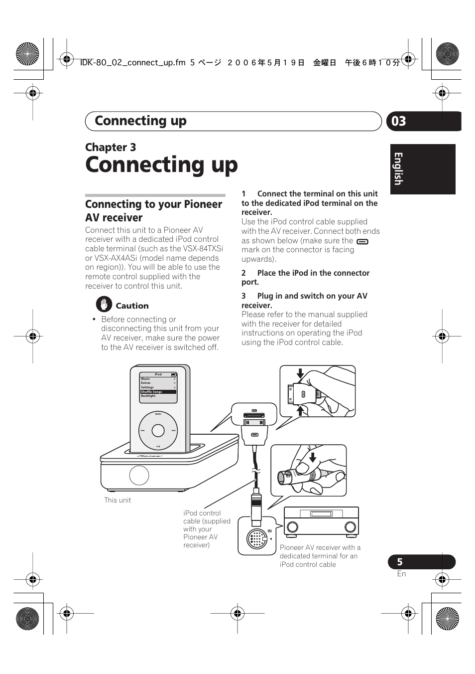 03 connecting up, Connecting to your pioneer av receiver, Connecting up | Chapter 3 | Pioneer IDK-80 User Manual | Page 5 / 45