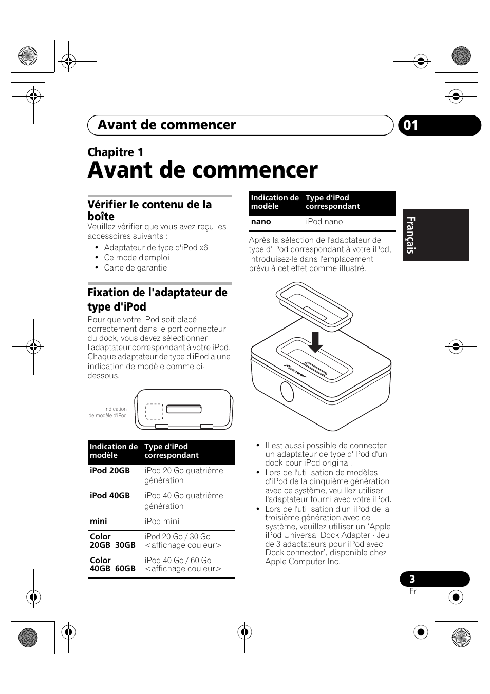 01 avant de commencer, Vérifier le contenu de la boîte, Fixation de l'adaptateur de type d'ipod | Avant de commencer, Chapitre 1 | Pioneer IDK-80 User Manual | Page 9 / 45