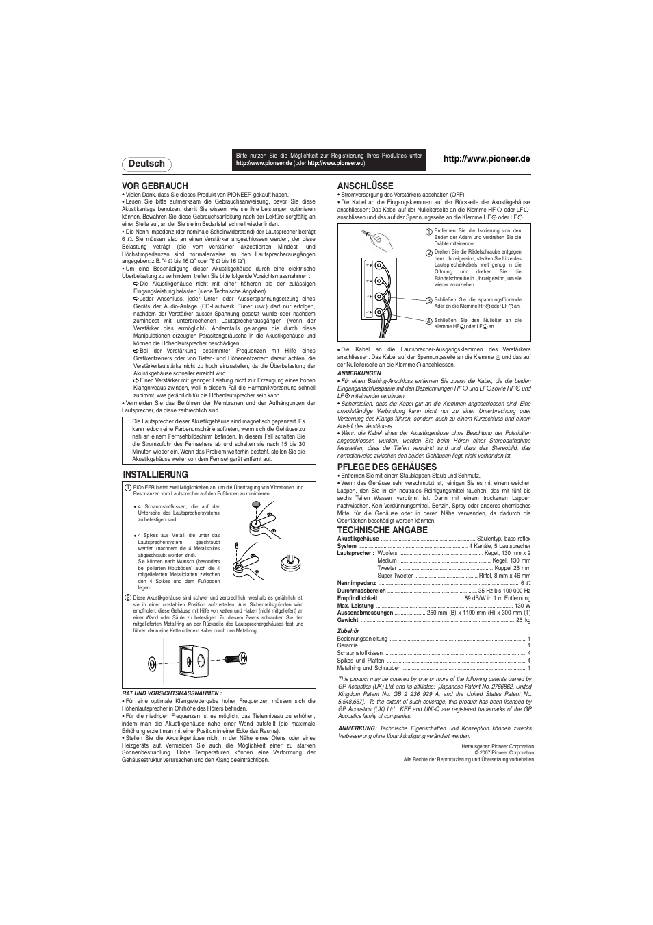 Deutsch vor gebrauch, Installierung, Anschlüsse | Technische angabe, Pflege des gehäuses | Pioneer S-H810V-W User Manual | Page 3 / 8