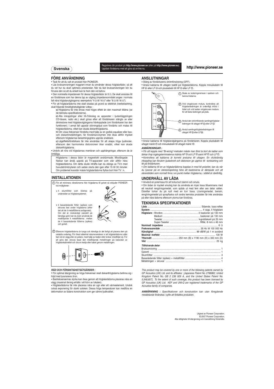 Svenska före användning, Installationen, Anslutningar | Tekniska specifikationer, Underhåll av låda | Pioneer S-H810V-W User Manual | Page 4 / 8