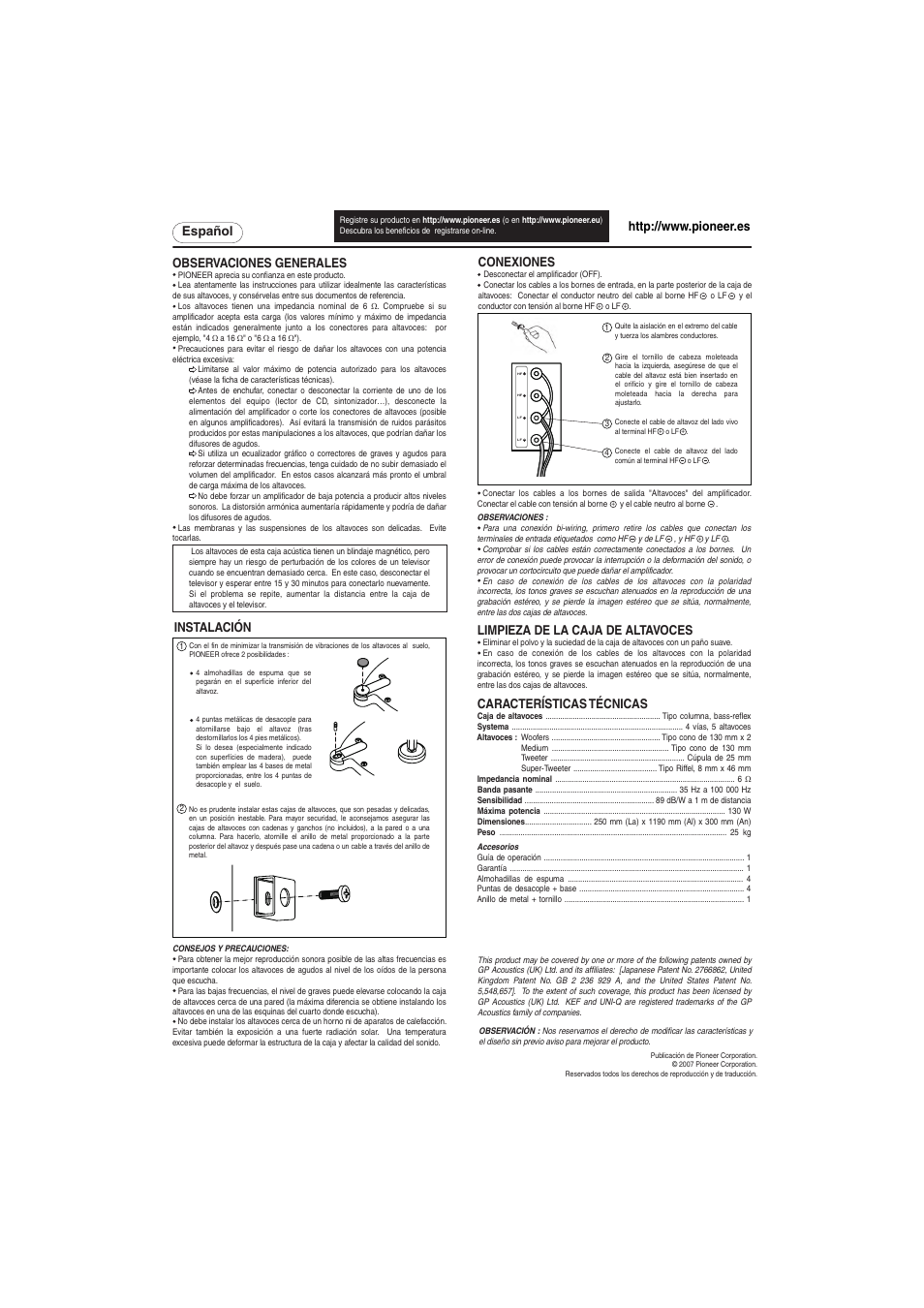 Español, Observaciones generales, Instalación | Conexiones, Características técnicas, Limpieza de la caja de altavoces | Pioneer S-H810V-W User Manual | Page 5 / 8