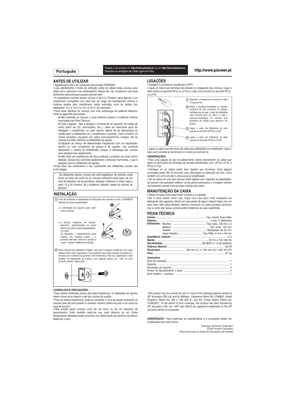 Português antes de utilizar, Instalação, Ligações | Ficha técnica, Manutenção da caixa | Pioneer S-H810V-W User Manual | Page 6 / 8