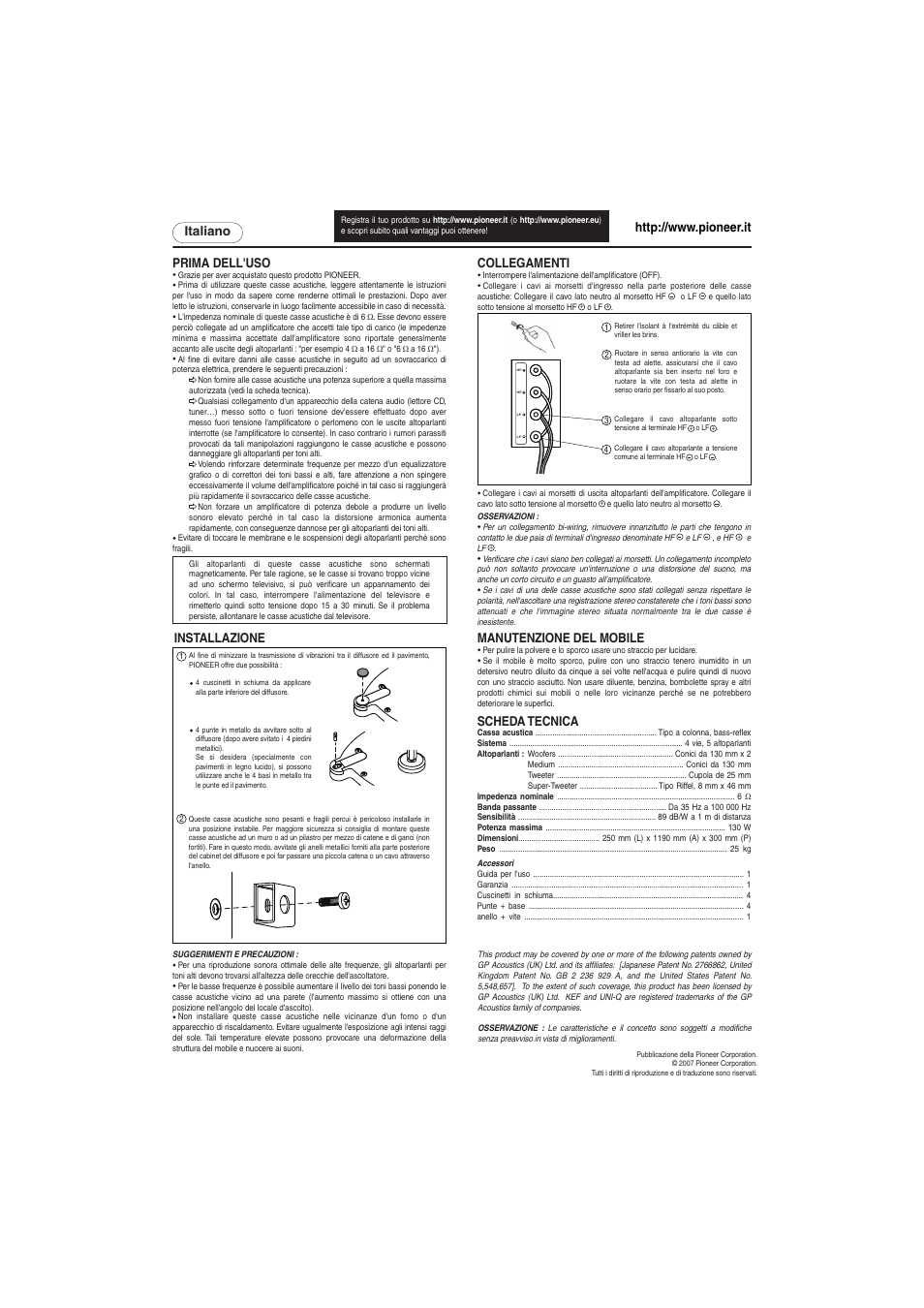 Italiano prima dell'uso, Installazione, Collegamenti | Scheda tecnica, Manutenzione del mobile | Pioneer S-H810V-W User Manual | Page 7 / 8