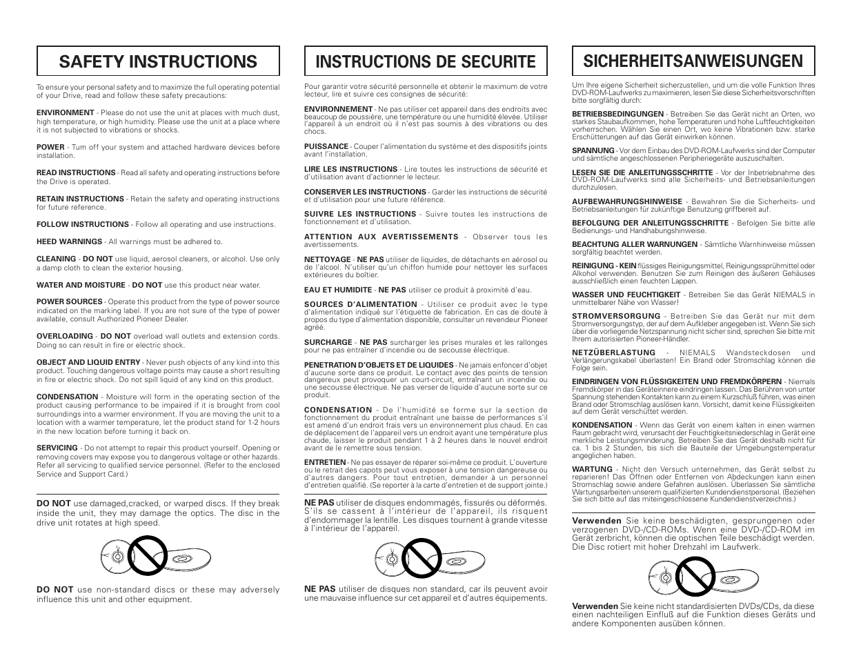 Safety instructions, Instructions de securite, Sicherheitsanweisungen | Pioneer DVD-ROM DRIVE UNIT DVD-115 User Manual | Page 3 / 8