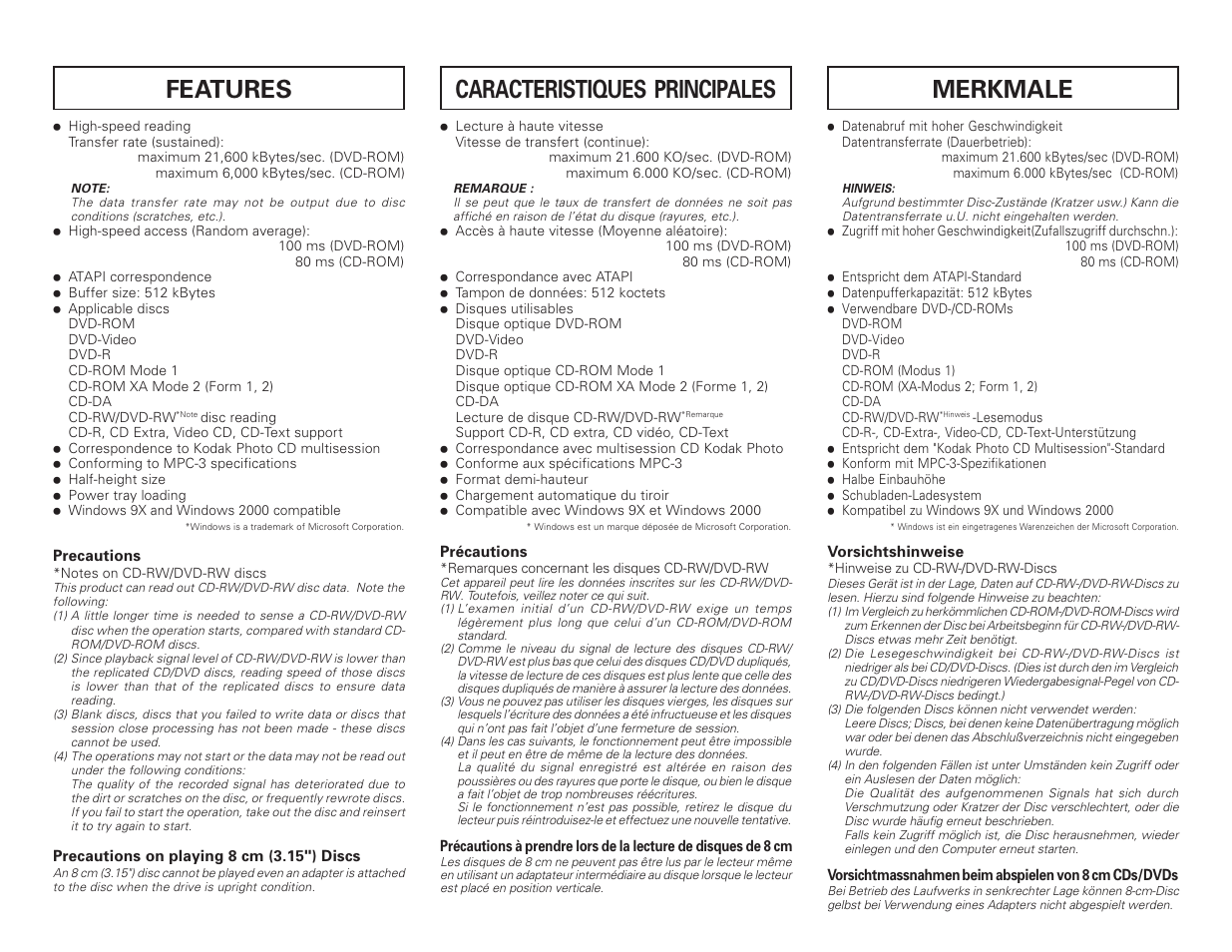 Merkmale, Caracteristiques principales, Features | Pioneer DVD-ROM DRIVE UNIT DVD-115 User Manual | Page 4 / 8