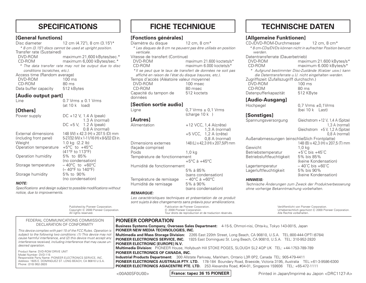 Specifications, Fiche technique, Technische daten | Pioneer DVD-ROM DRIVE UNIT DVD-115 User Manual | Page 8 / 8