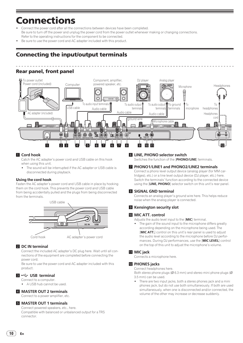 Connections, Connecting the input/output terminals, Rear panel, front panel | Pioneer XDJ-AERO User Manual | Page 10 / 37
