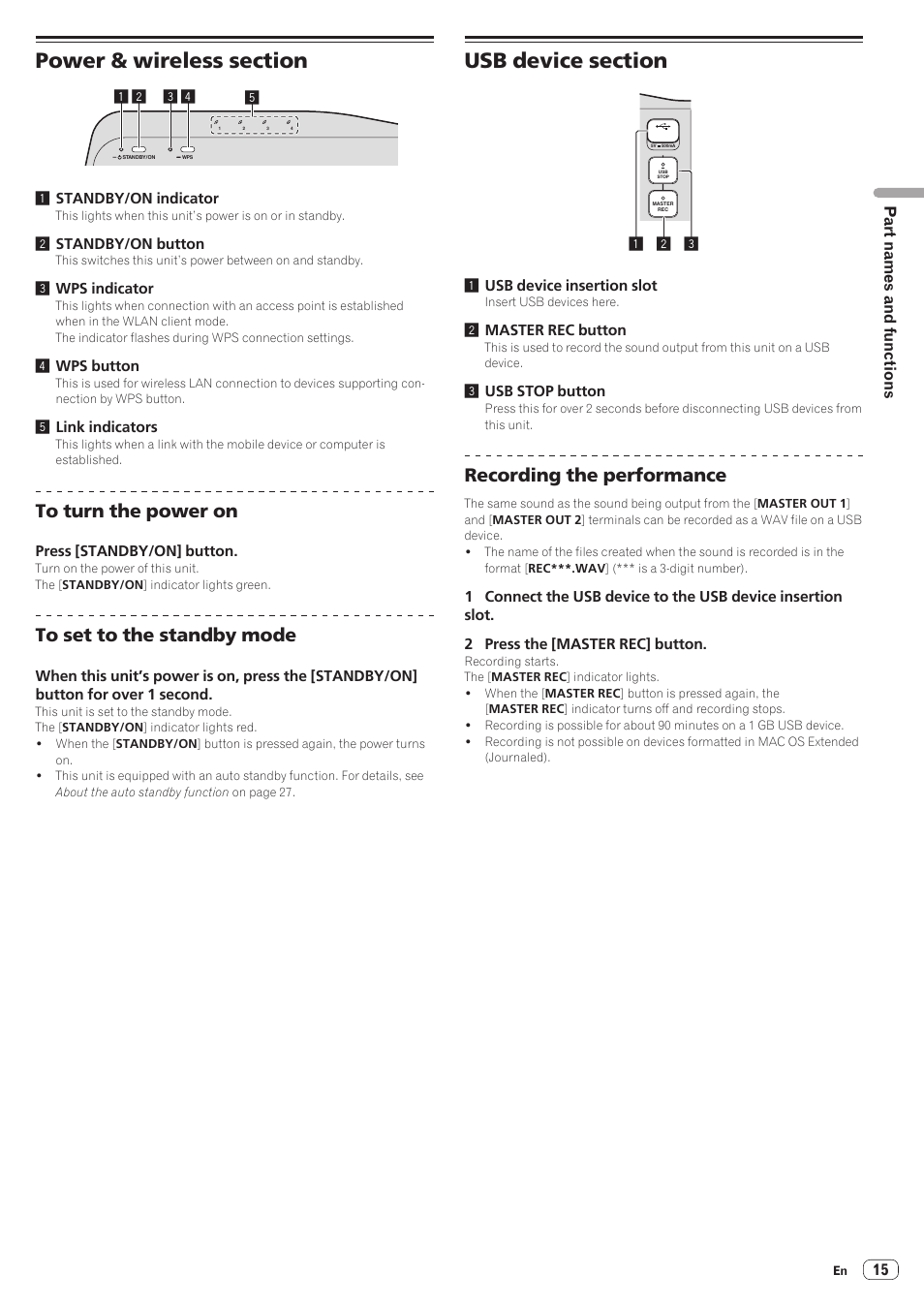 Power & wireless section, Usb device section, Power & wireless section usb device section | Recording the performance | Pioneer XDJ-AERO User Manual | Page 15 / 37