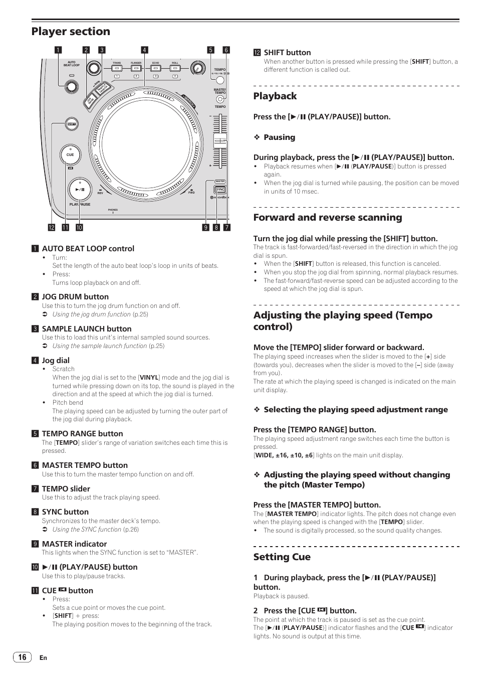 Player section, Playback, Forward and reverse scanning | Adjusting the playing speed (tempo control), Setting cue, 2jog drum button, 3sample launch button, 4jog dial, 5tempo range button, 6master tempo button | Pioneer XDJ-AERO User Manual | Page 16 / 37