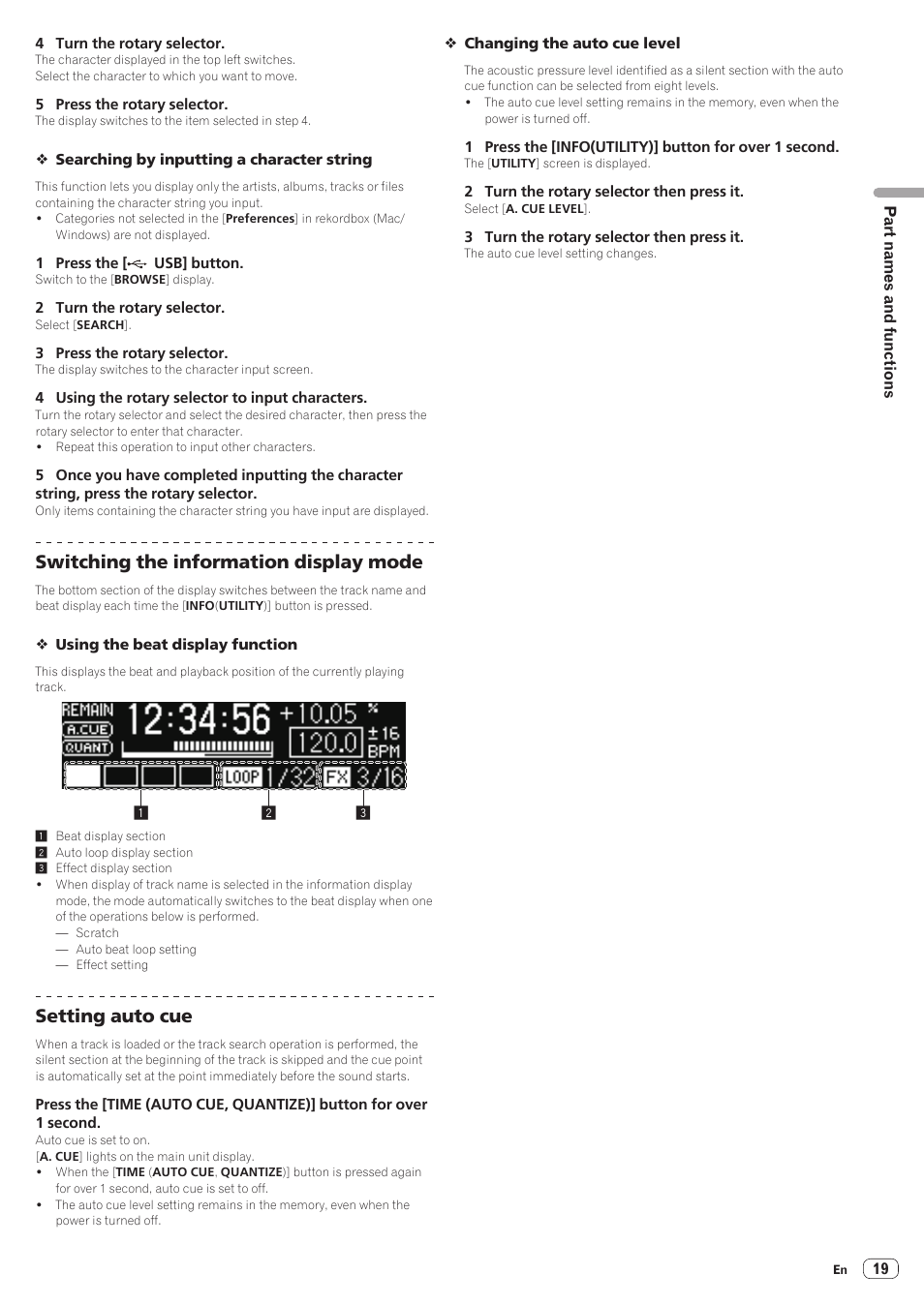 Switching the information display mode, Setting auto cue | Pioneer XDJ-AERO User Manual | Page 19 / 37