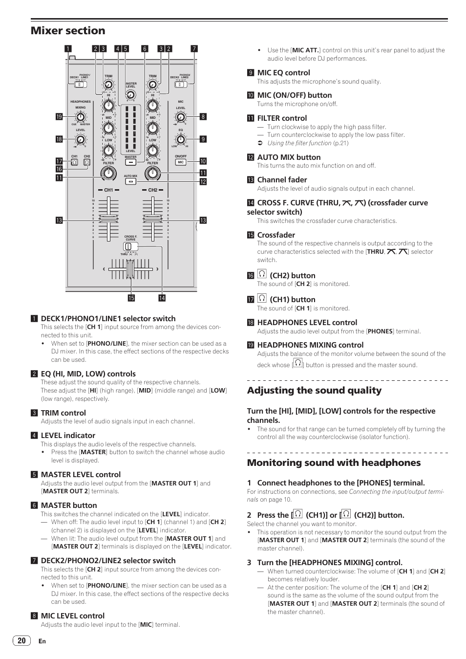 Mixer section, Adjusting the sound quality, Monitoring sound with headphones | 2eq (hi, mid, low) controls, 3trim control, 4level indicator, 5master level control, 6master button, 7deck2/phono2/line2 selector switch, 8mic level control | Pioneer XDJ-AERO User Manual | Page 20 / 37