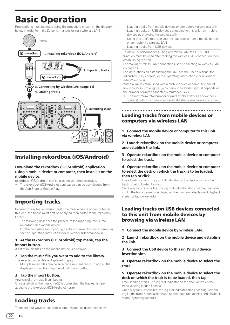 Basic operation, Installing rekordbox (ios/android), Importing tracks | Loading tracks | Pioneer XDJ-AERO User Manual | Page 22 / 37