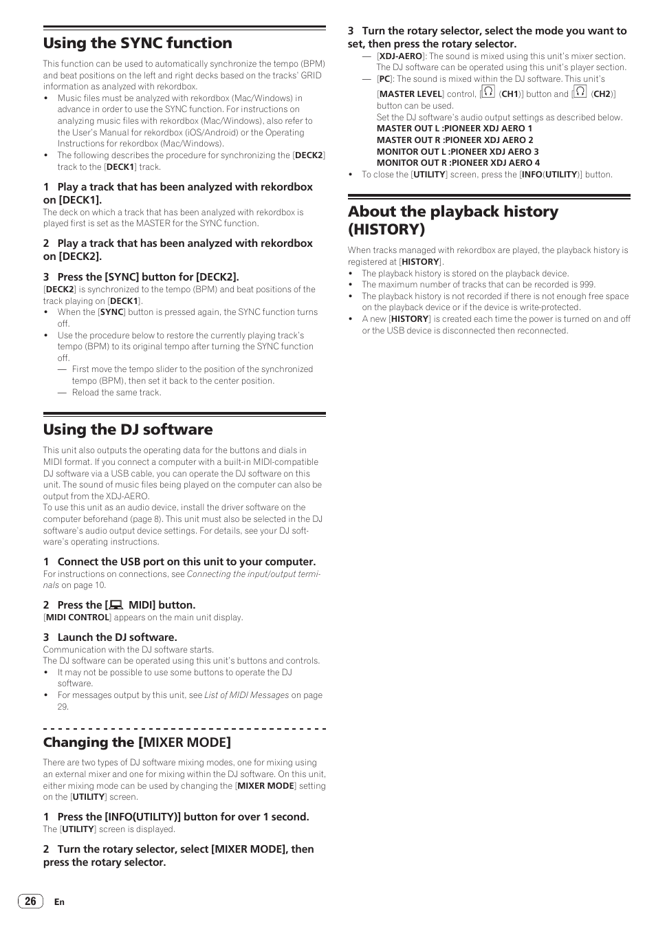 Using the sync function, Using the dj software, About the playback history (history) | Changing the [mixer mode | Pioneer XDJ-AERO User Manual | Page 26 / 37