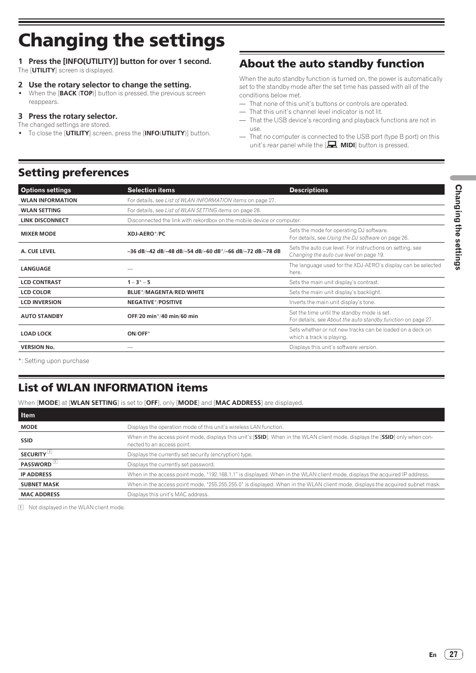 Changing the settings, About the auto standby function, Setting preferences | List of wlan information items | Pioneer XDJ-AERO User Manual | Page 27 / 37