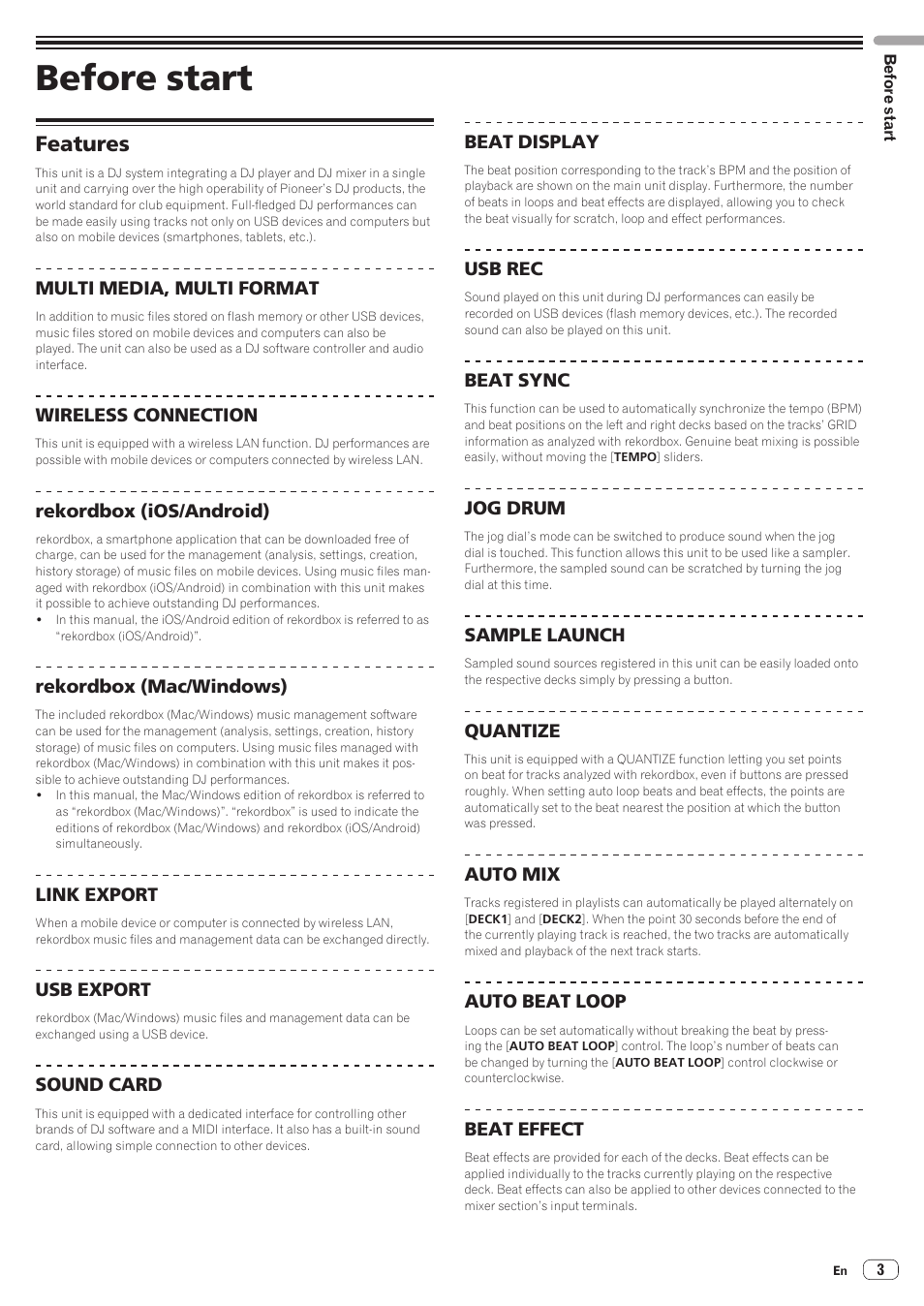 Before start, Features | Pioneer XDJ-AERO User Manual | Page 3 / 37