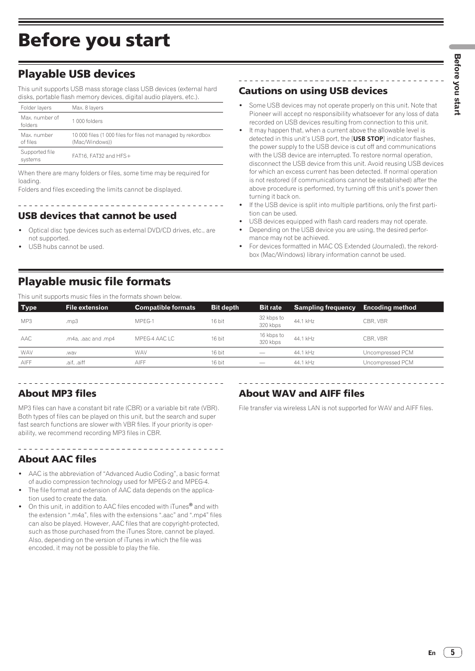 Before you start, Playable usb devices, Playable music file formats | Playable usb devices playable music file formats, Usb devices that cannot be used, Cautions on using usb devices, About mp3 files, About aac files, About wav and aiff files | Pioneer XDJ-AERO User Manual | Page 5 / 37