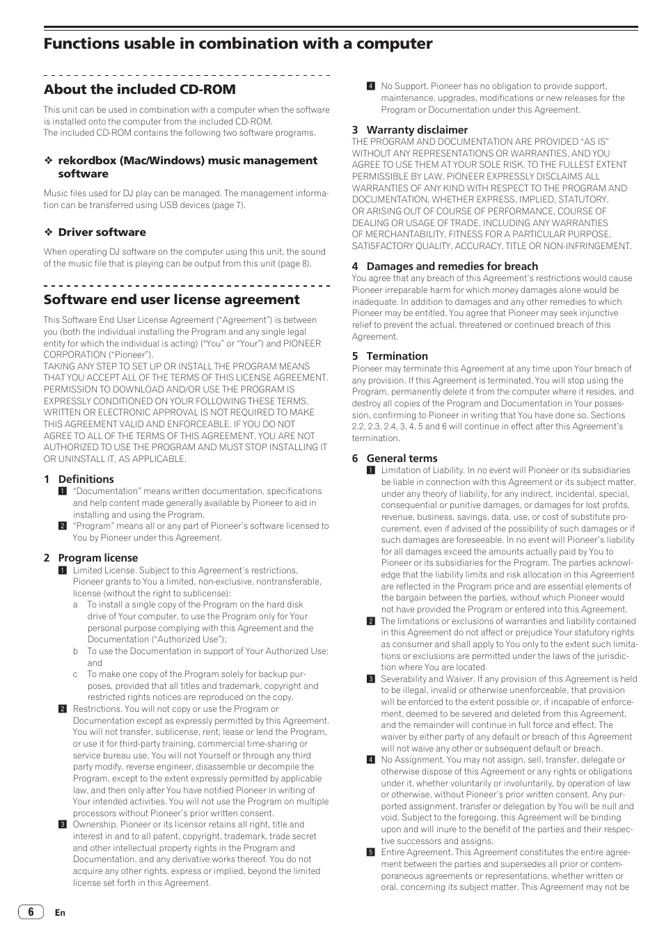Functions usable in combination with a computer, About the included cd-rom, Software end user license agreement | Pioneer XDJ-AERO User Manual | Page 6 / 37