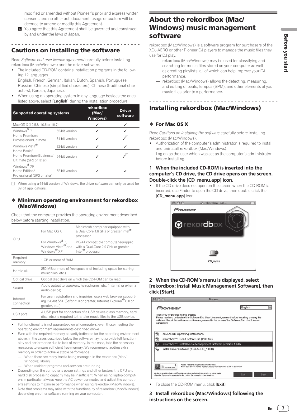 Cautions on installing the software, Installing rekordbox (mac/windows), Before you start | Pioneer XDJ-AERO User Manual | Page 7 / 37