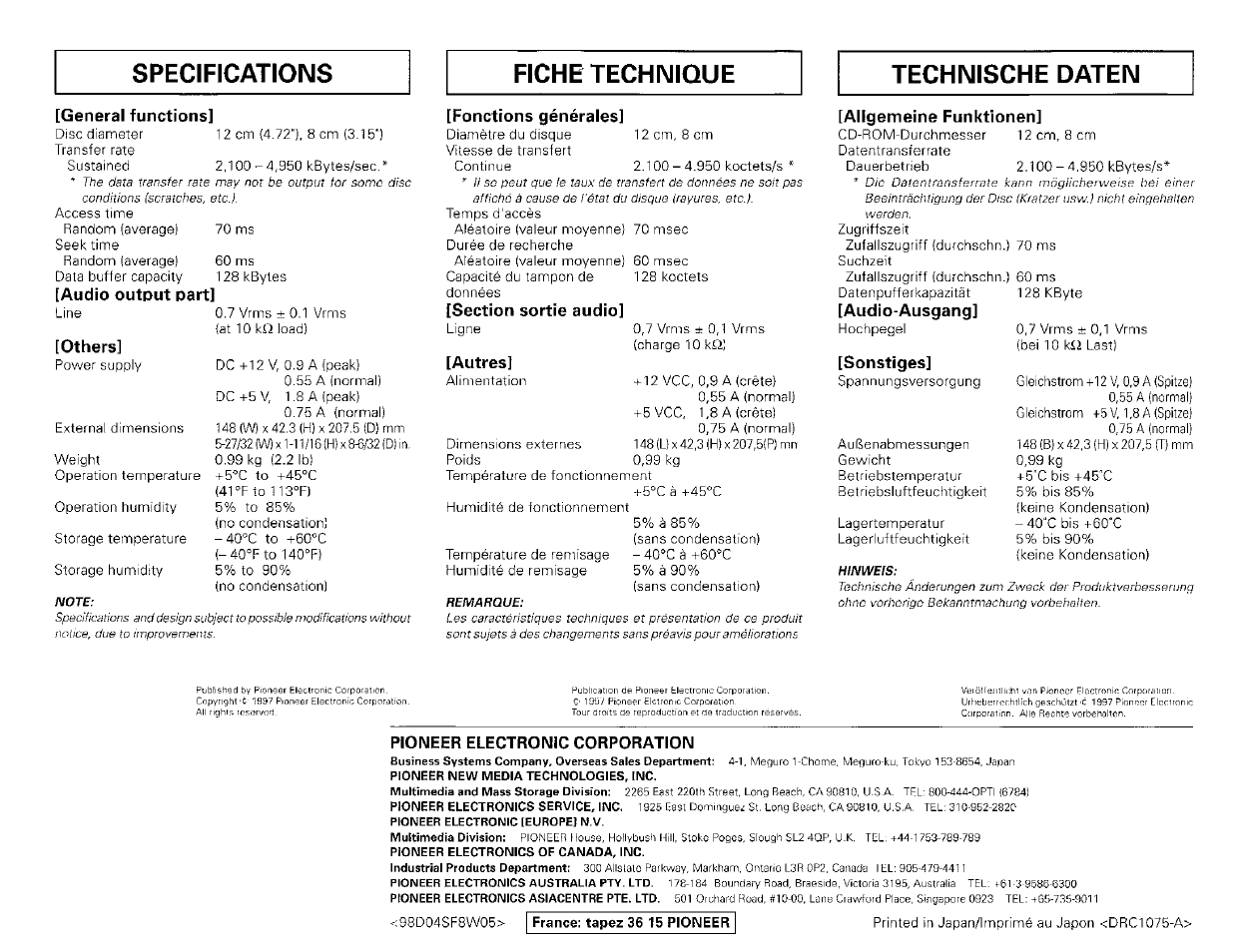 General functions, Audio output part, Others | Fonctions générales, Section sortie audio, Autres, Allgemeine funktionen, Audio-ausgang, Sonstiges, Pioneer electronic corporation | Pioneer DR-506S User Manual | Page 2 / 8