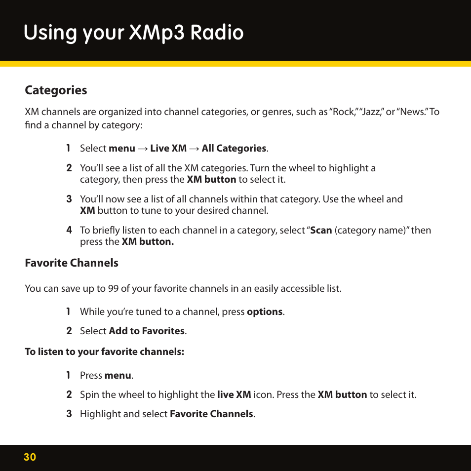 Using your xmp3 radio, Categories | Pioneer CD-XMHOME1 User Manual | Page 30 / 78