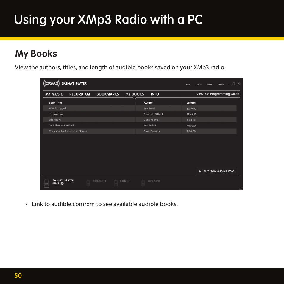 Using your xmp3 radio with a pc, My books | Pioneer CD-XMHOME1 User Manual | Page 50 / 78