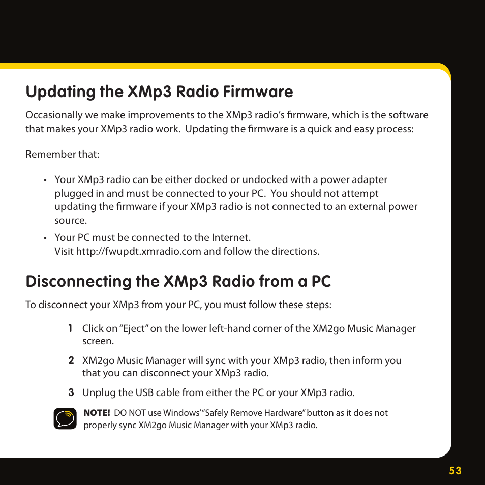Updating the xmp3 radio firmware, Disconnecting the xmp3 radio from a pc | Pioneer CD-XMHOME1 User Manual | Page 53 / 78