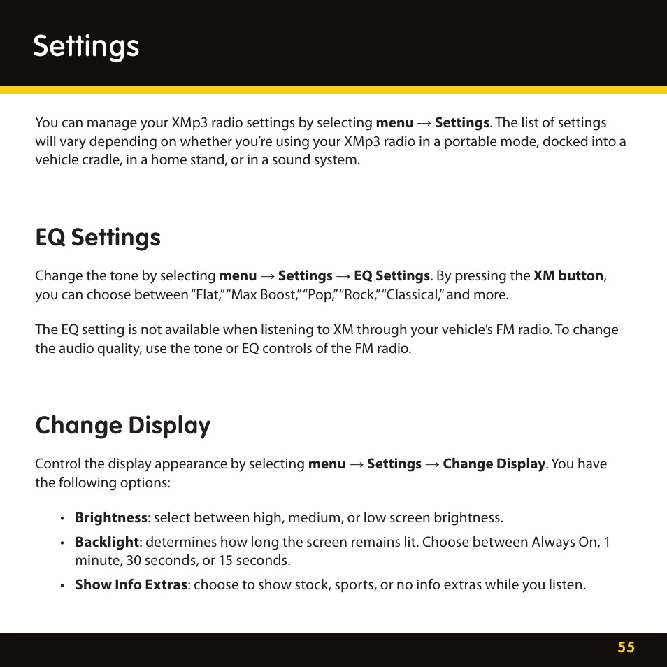 Settings, Eq settings, Change display | Pioneer CD-XMHOME1 User Manual | Page 55 / 78