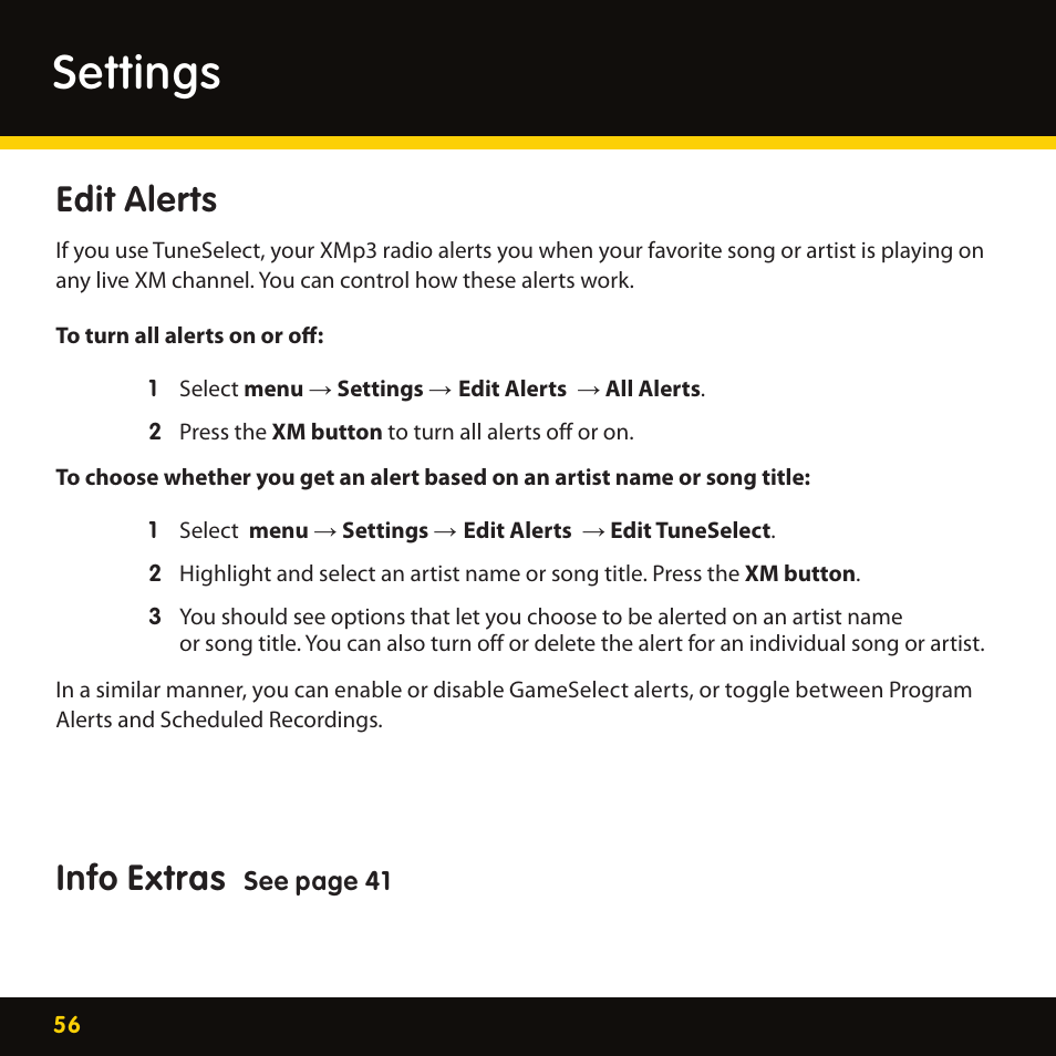 Settings, Edit alerts, Info extras | Pioneer CD-XMHOME1 User Manual | Page 56 / 78