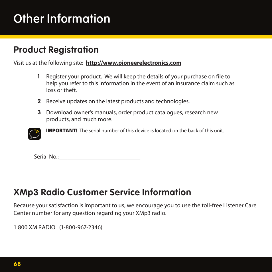 Other information, Product registration, Xmp3 radio customer service information | Pioneer CD-XMHOME1 User Manual | Page 68 / 78