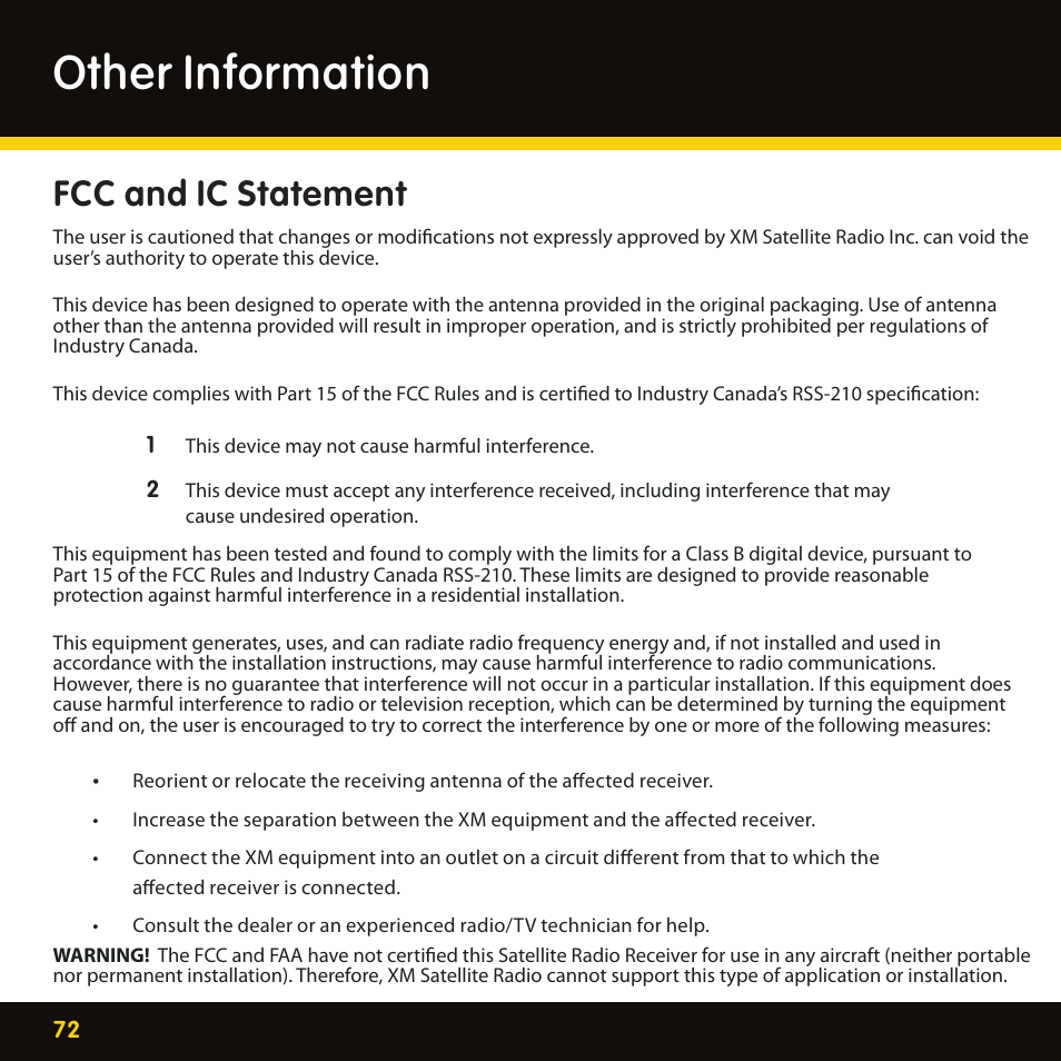 Other information, Fcc and ic statement | Pioneer CD-XMHOME1 User Manual | Page 72 / 78