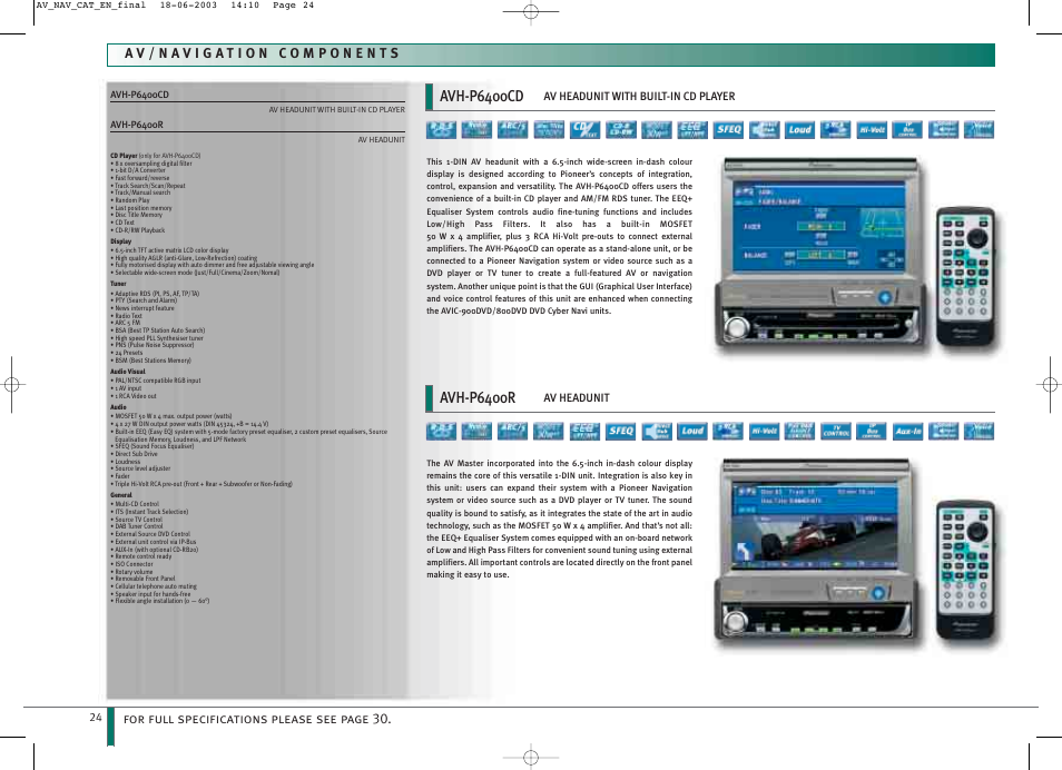 Avh-p6400cd, Avh-p6400r, For full specifications please see page 30 | Pioneer CNDV-30 DVD User Manual | Page 24 / 32