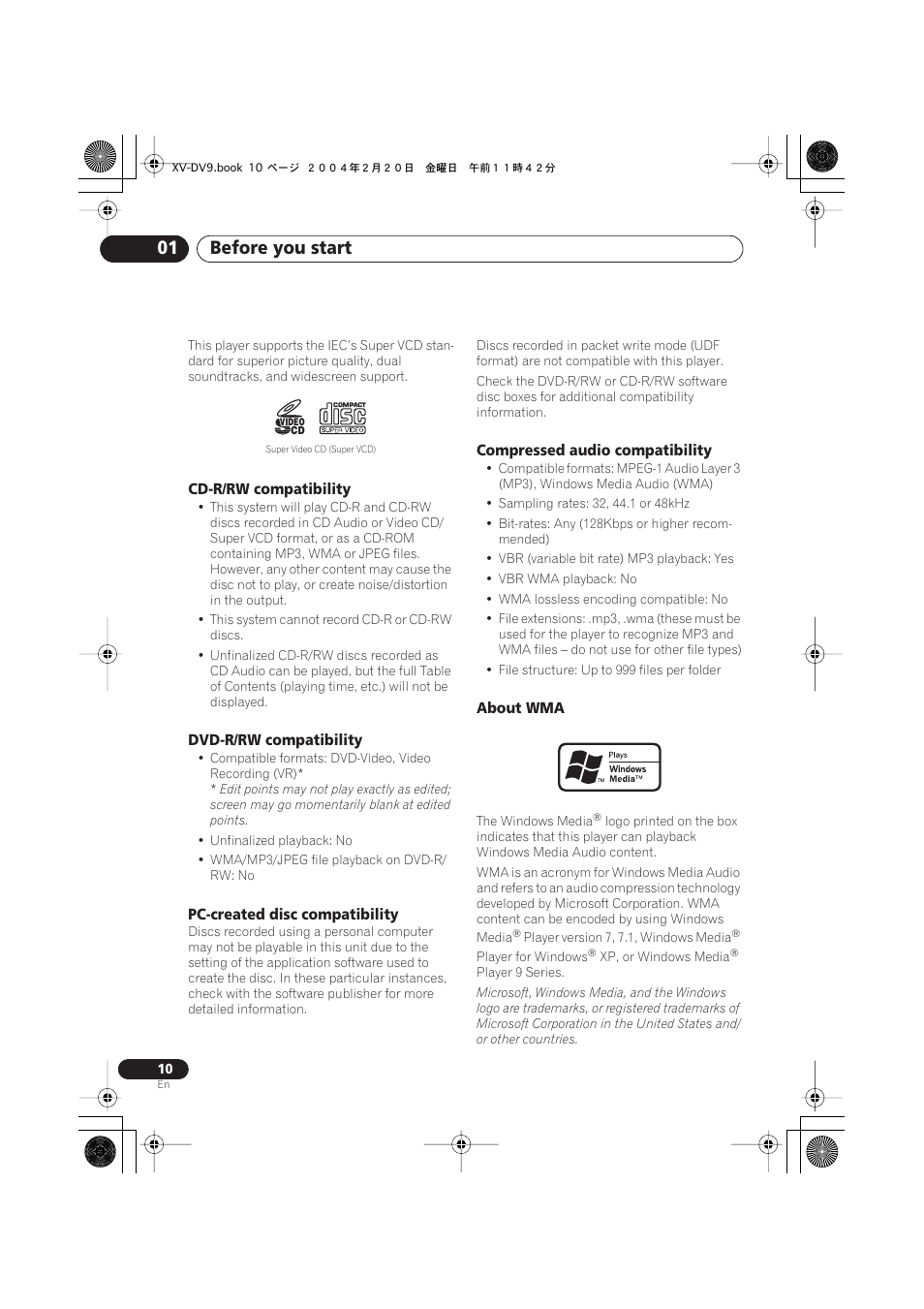 Cd-r/rw compatibility, Dvd-r/rw compatibility, Pc-created disc compatibility | Compressed audio compatibility, About wma, Before you start 01 | Pioneer XV-DV9 User Manual | Page 10 / 94