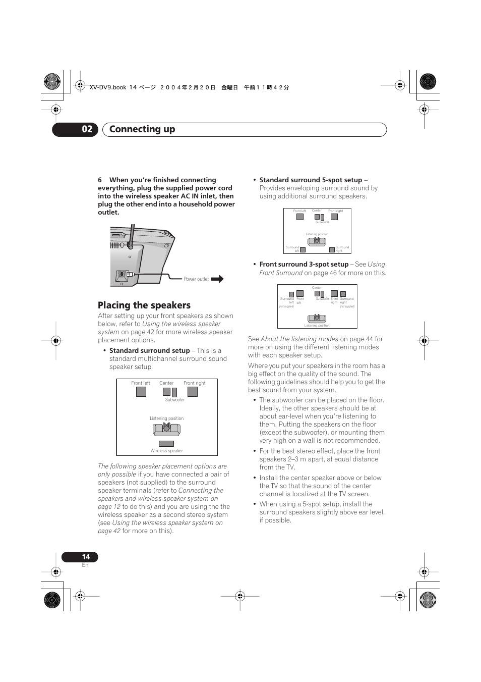 Placing the speakers, Connecting up 02 | Pioneer XV-DV9 User Manual | Page 14 / 94