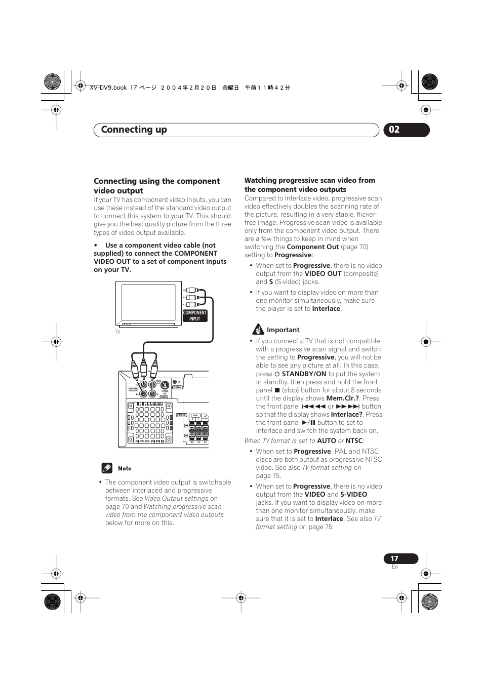 Connecting using the component video output, Connecting up 02 | Pioneer XV-DV9 User Manual | Page 17 / 94