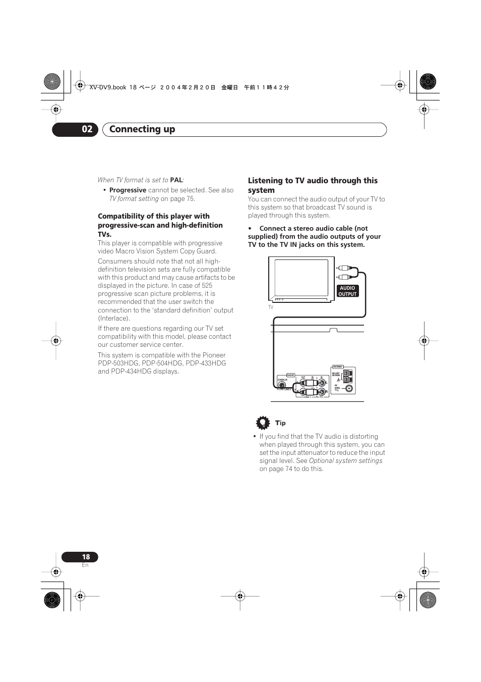 Listening to tv audio through this system, Connecting up 02 | Pioneer XV-DV9 User Manual | Page 18 / 94