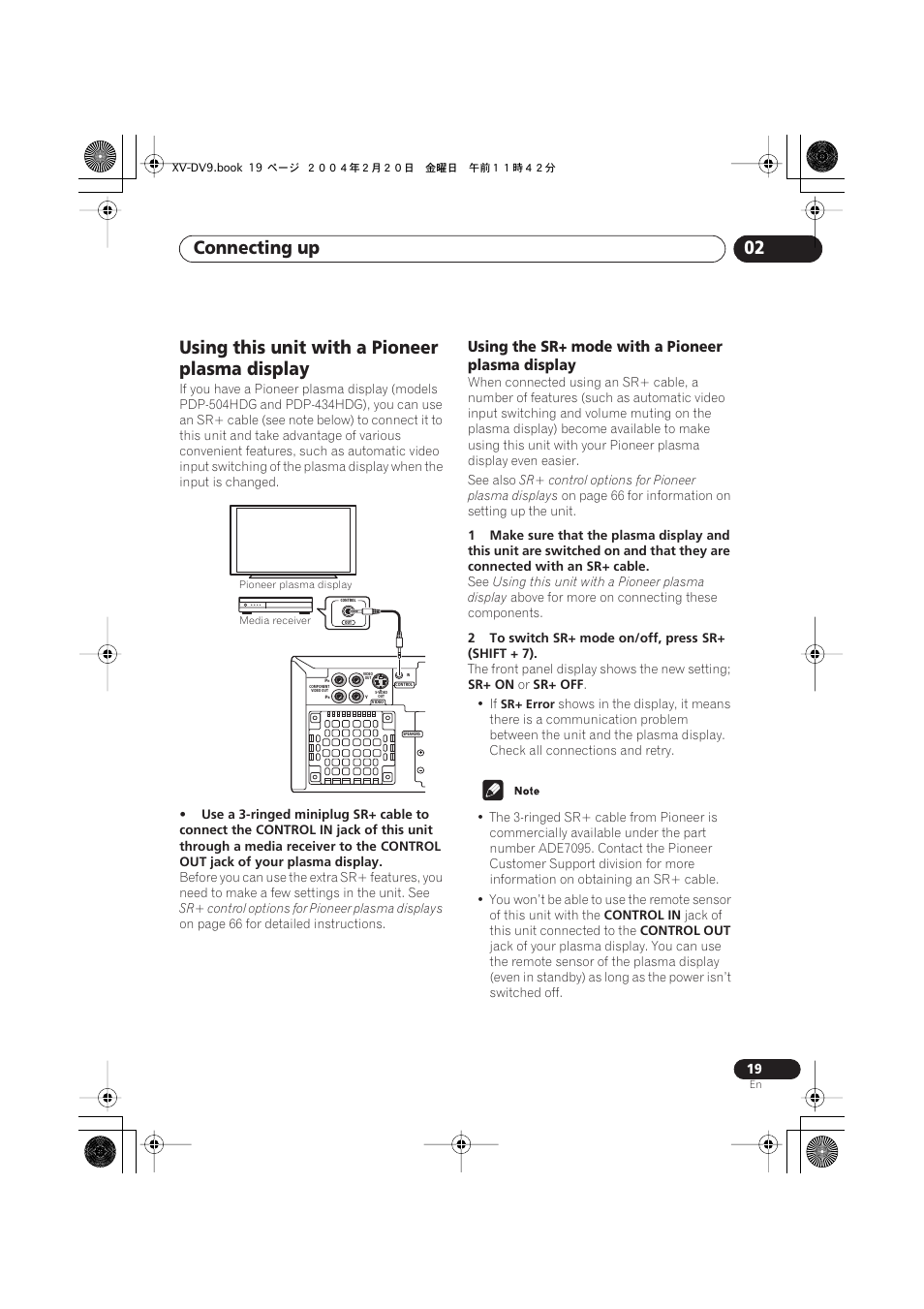 Using this unit with a pioneer plasma display, Using the sr+ mode with a pioneer plasma display, Connecting up 02 | Pioneer XV-DV9 User Manual | Page 19 / 94