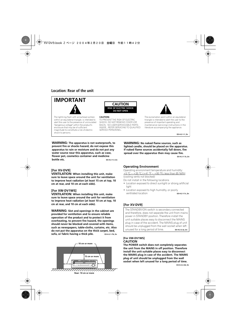 Important, Location: rear of the unit, Caution | Pioneer XV-DV9 User Manual | Page 2 / 94