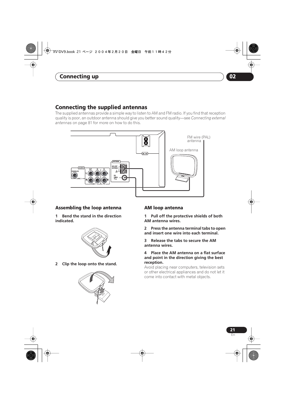 Connecting the supplied antennas, Assembling the loop antenna, Am loop antenna | Connecting up 02 | Pioneer XV-DV9 User Manual | Page 21 / 94