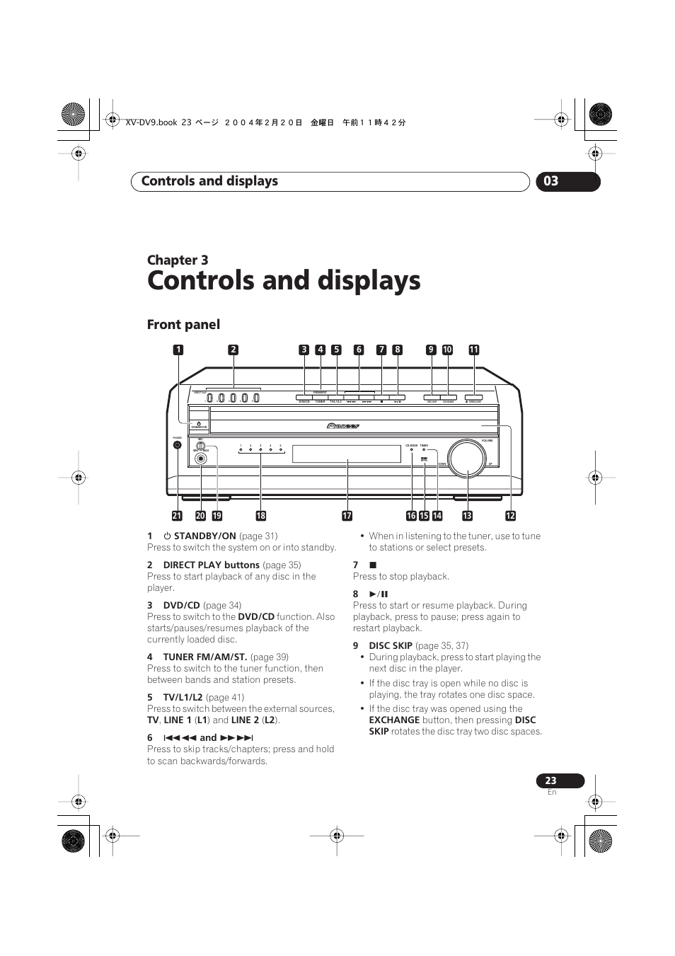 03 controls and displays, Front panel, Controls and displays | Controls and displays 03, Chapter 3 | Pioneer XV-DV9 User Manual | Page 23 / 94
