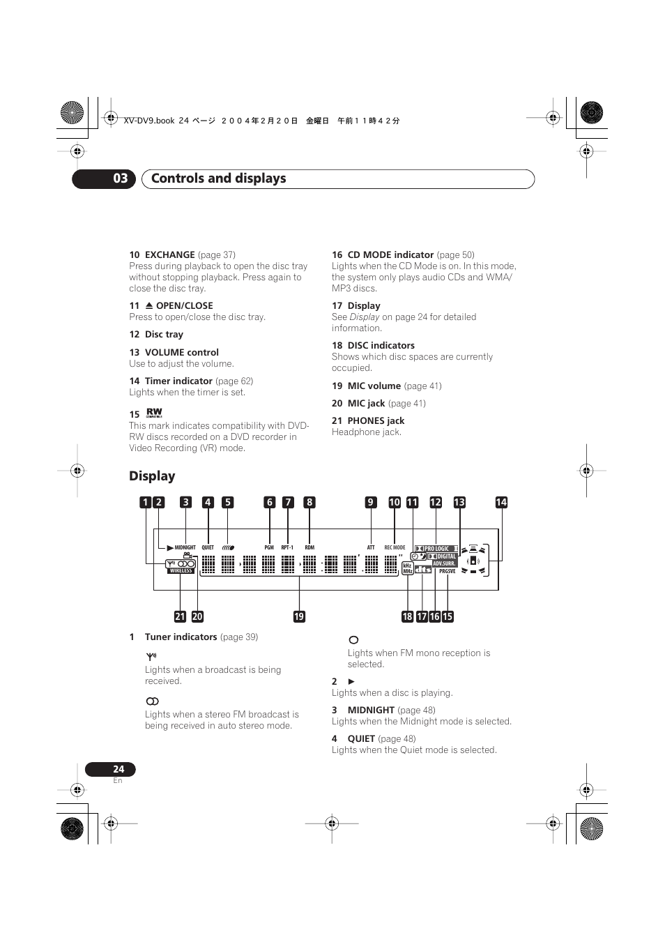 Display, Controls and displays 03 | Pioneer XV-DV9 User Manual | Page 24 / 94