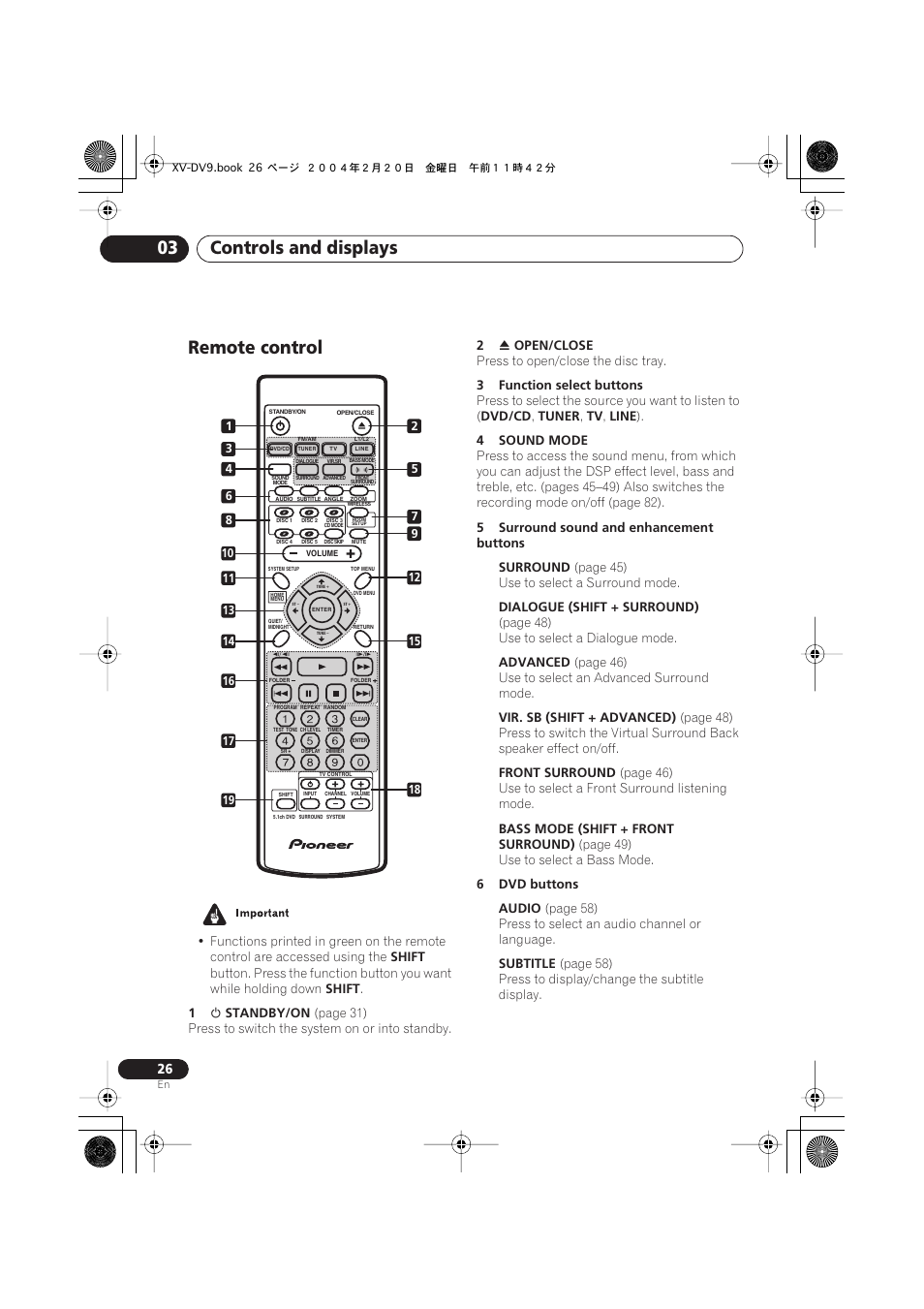 Remote control, Controls and displays 03 | Pioneer XV-DV9 User Manual | Page 26 / 94
