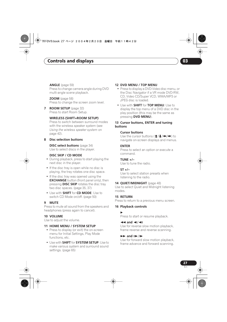 Controls and displays 03 | Pioneer XV-DV9 User Manual | Page 27 / 94