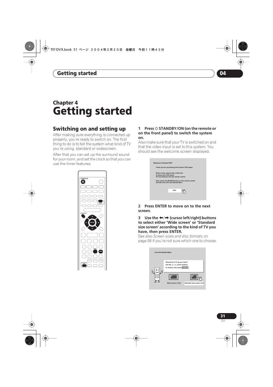 04 getting started, Switching on and setting up, Getting started | Getting started 04, Chapter 4 | Pioneer XV-DV9 User Manual | Page 31 / 94