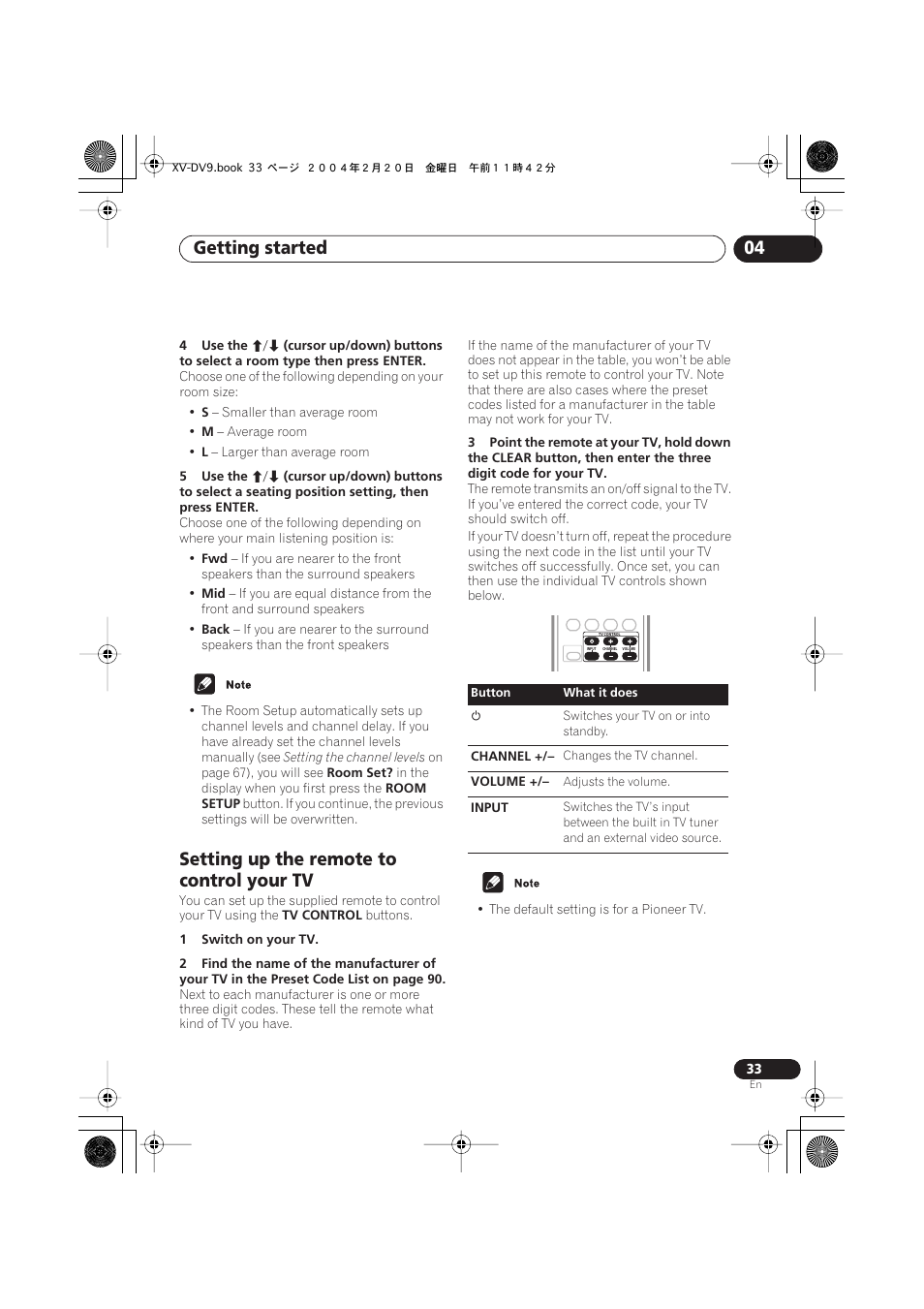 Setting up the remote to control your tv, Getting started 04 | Pioneer XV-DV9 User Manual | Page 33 / 94